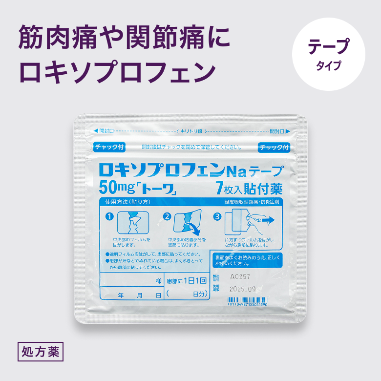 ロキソプロフェンNaテープ50mgは筋肉や関節の炎症や痛みを軽減させる、ロキソニンのテープタイプです。