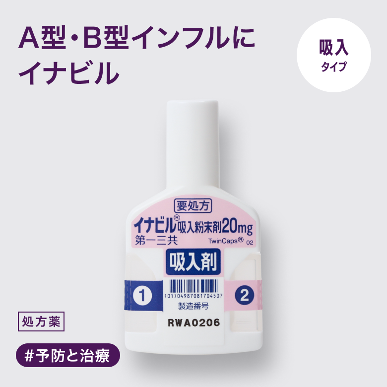 イナビル吸入粉末剤20mgはA型又はB型インフルエンザウイルスの治療や予防効果が期待できる吸入薬です。