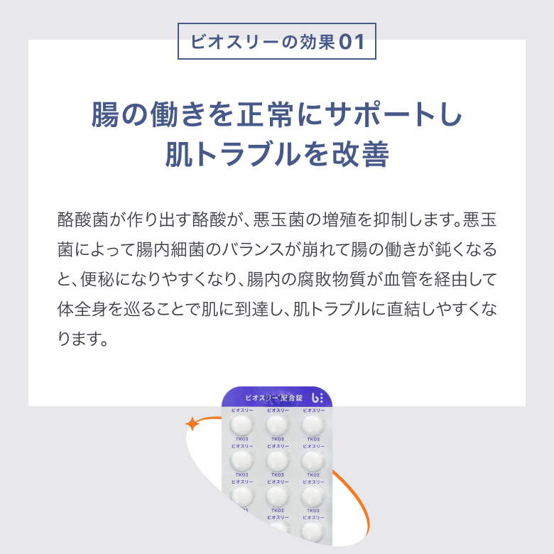 ビオスリー配合錠の効果①腸の働きを正常にサポートし肌トラブルを改善