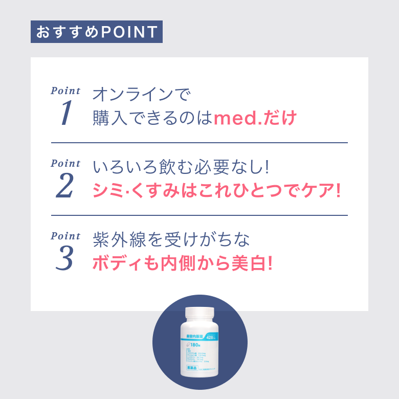 光沢美肌セット（四合剤＋ユベラ）のセットをオンラインで購入できるのはmed.だけ！色々飲む必要はなく、シミ・くすみはこれ一つでケアできます。紫外線を受けがちなボディも内側から美白に！