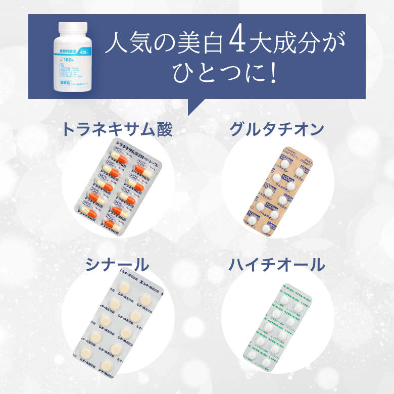 光沢美肌セット（四合剤＋ユベラ）のセットの一つである、四合剤は、トラネキサム酸、グルタチオン、シナール、ハイチオールの人気美白4大成分が一つになったお薬です。